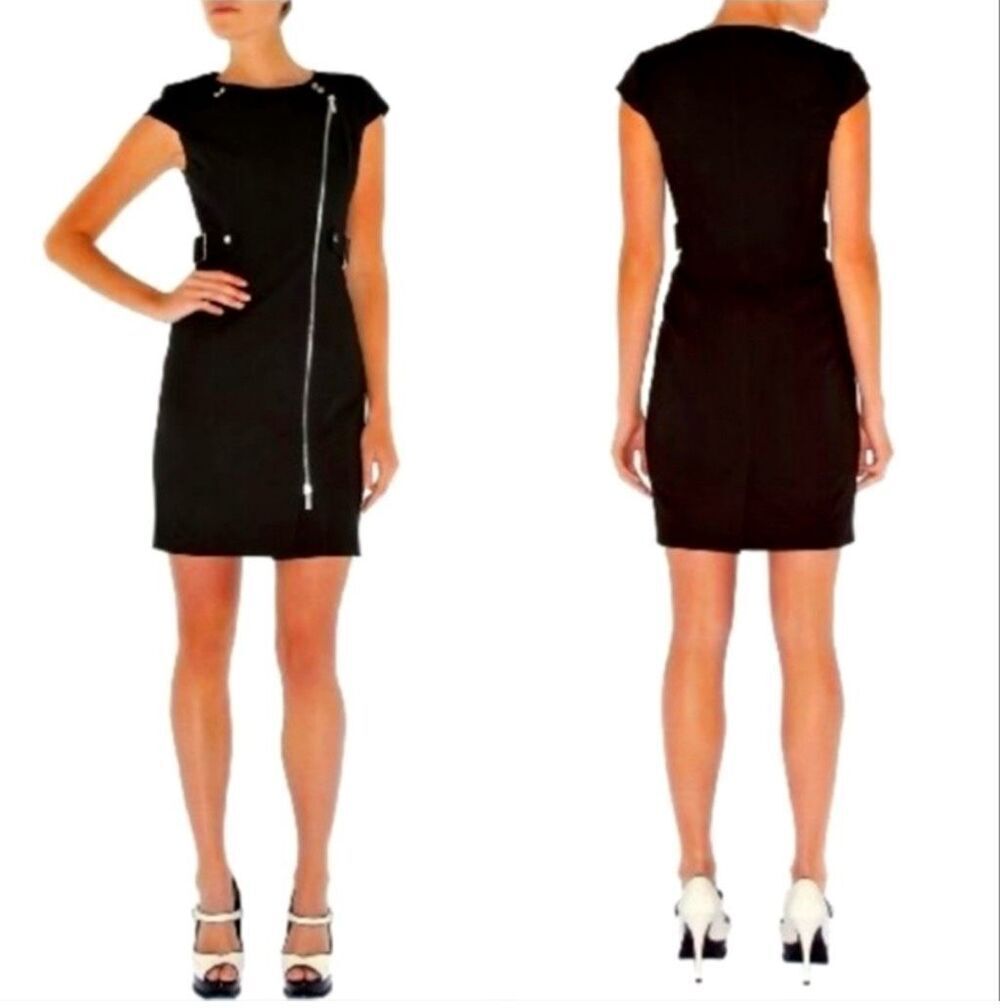 Karen Millen Black Sheath Moto Pencil Dress Silver Offset Zipper Snap $298 8